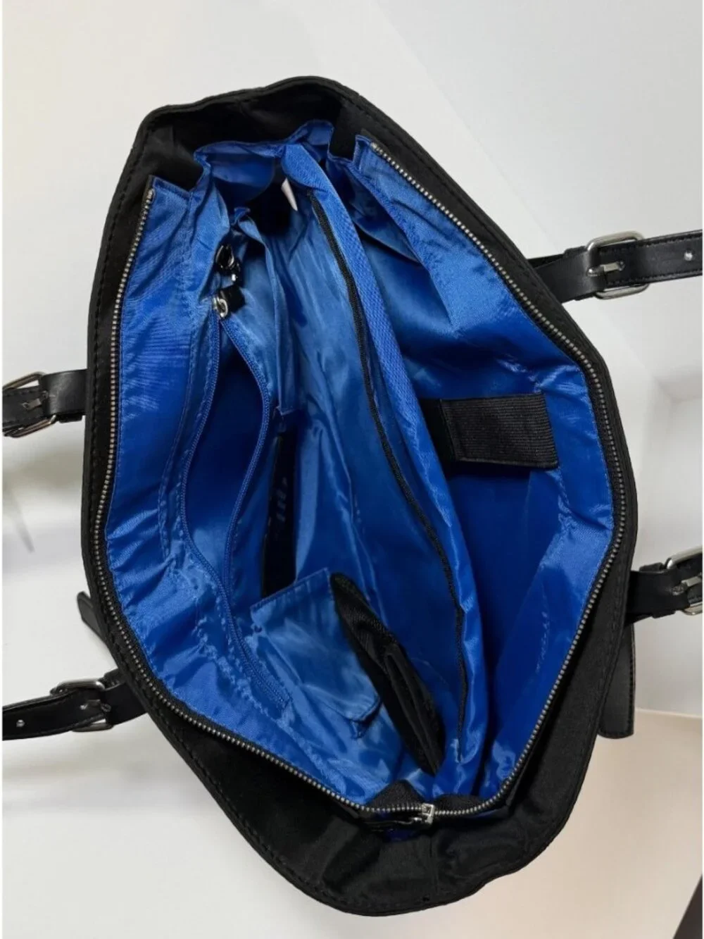 Black Laptop Tote Bag Large Work Shoulder Bag Blue Interior w/Pouch
